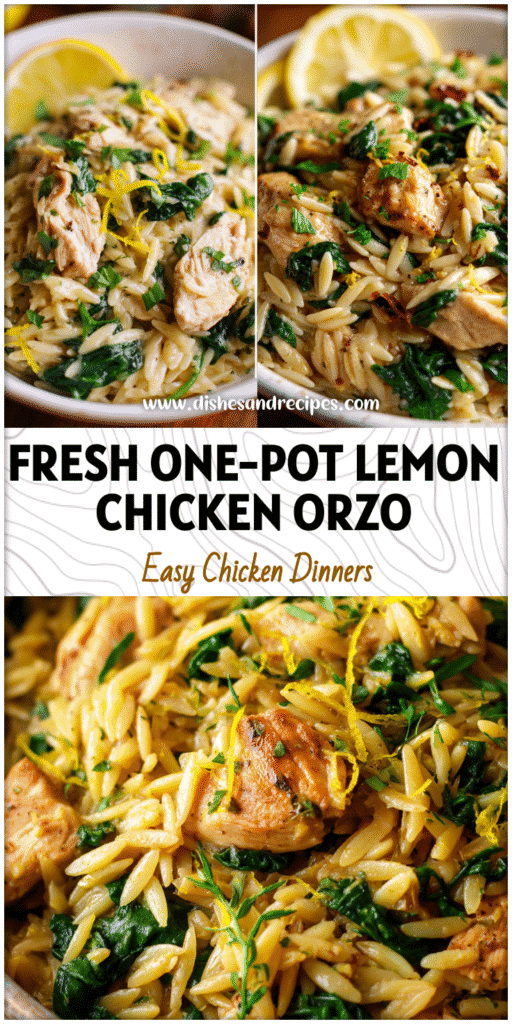 A bowl of lemon chicken orzo with spinach and tender poultry garnished with fresh herbs and lemon zest.